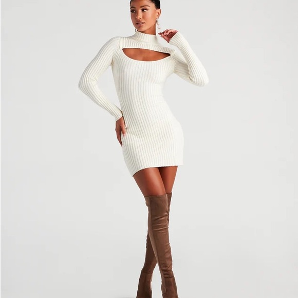 RARE ivory ribbed knit cut out long sleeve dress - Picture 4 of 4